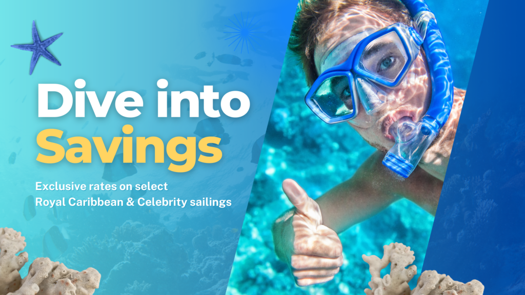 Dive into savings, underwater diver with starfish and coral